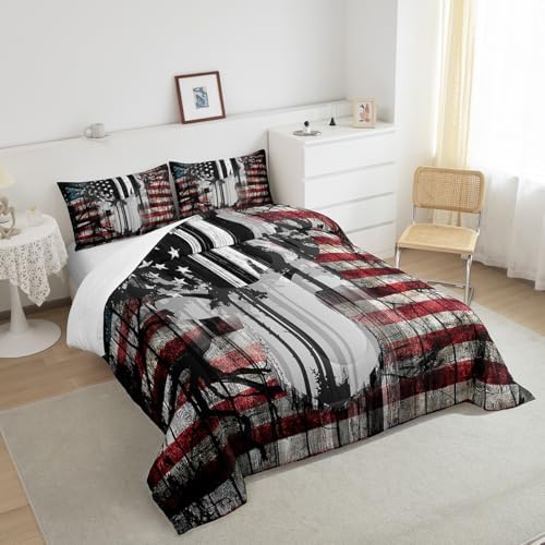 Feelyou American Flag Deer Antlers Bedding Set Hunting Camping Comforter Set for Kids Boys Girls USA Flag Comforter Tree Branch Inner Fill Duvet Set 1 Comforter Set with 2 Pillowcases Full Size