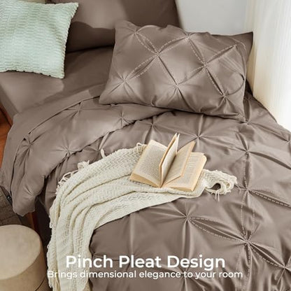 Sasttie Twin XL Comforter Set, 5-Piece Bed in a Bag, Pintuck Bedding Sets for All Season, Includes Comforter, Flat Sheet, Fitted Sheet, Pillowcase and Pillowsham, Dark Linen