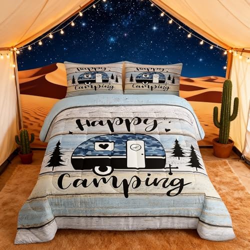 Happy Camping RV Kids Comforter Set Full Size,Pine Camo Camper Rustic Farmhouse Bedding Set,Girls Boys Room Decor,Wooden Plank Cottage Country Quilt Comforter,Blue Chic Duvet Insert,2 Pillowcases