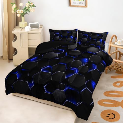 Black Blue Geometric Comforter Set Full Size with 2 Pillowcases.