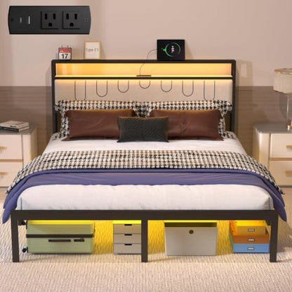 J.Fkne Full Bed Frames with Charging Station and LED Lights, Full Size Platform Bed with Metal Slats, Upholstered Headboard with 2-Tier Storage Shelves, No Box Spring Needed, Easy Assembly, Black