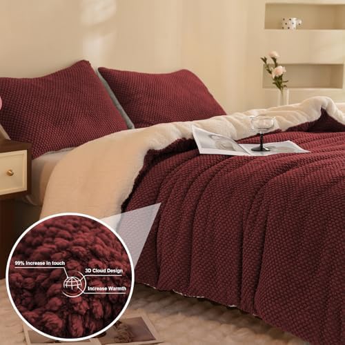 LLanCL 3D Jacquard Design Comforter Set, Ultra-Soft Warm Twin Size Sherpa Fur Plush 2-Pieces Sets Luxury Cozy Bedding with 1 Pillowcase (68"x90", Burgundy)