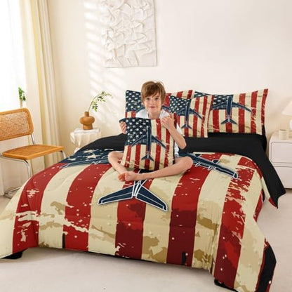 Erosebridal 7 Pcs American Flag Airplane Comforter Set Full Military Airplane Bedding Set with Sheets for Boys Kids Teens Men Vintage Patriotic Bed in A Bag Navy Plane Bed Sets for Aviation Lovers
