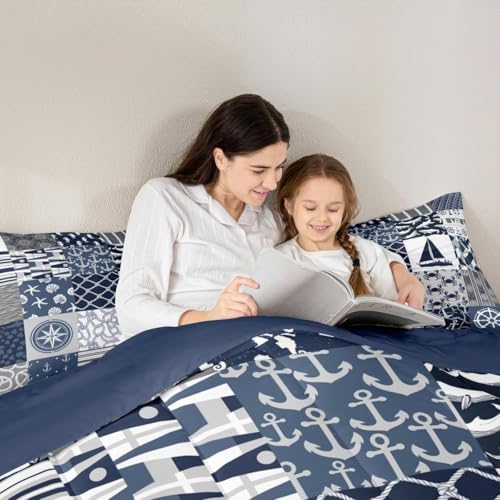 Castle Fairy Nautical Themed Checkered Bedding Comforter Twin Size Ocean Adventure Comforter Set for Kids Boys Teens,Navy Blue Rudder and Boat Anchor Quilted Duvet Patchwork Stripes Duvet Insert 2pcs