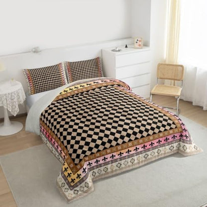 jejeloiu Geometric Checkerboard Comforter Set All Season Plaid Damask Floral Bedding Set with 1 Pillow Cases Check Checkered Microfiber Kids Twin Bedclothes Grid Bedroom Decor Duvet Quilt Breathable