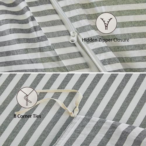 Striped Duvet Cover Set Full Size 3 Pcs 100% Washed Cotton Linen Feel Bedding Set Soft Breathable (Full, Classic Stripe-Dark Grey/White)