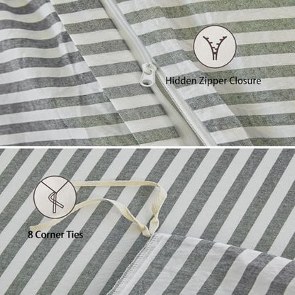 Striped Duvet Cover Set Full Size 3 Pcs 100% Washed Cotton Linen Feel Bedding Set Soft Breathable (Full, Classic Stripe-Dark Grey/White)