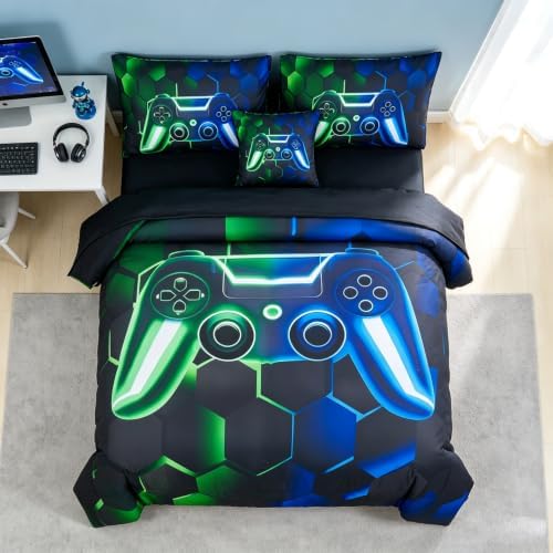 URBONUR 6Pcs Gaming Comforter Set Twin Size for Boys Girls Blue Green