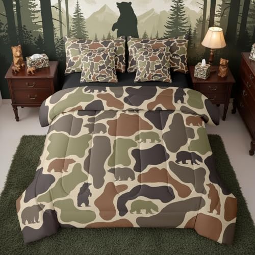 Erosebridal Bear Camo Bed in A Bag 7 Pcs Camouflage Hunting Bear Comforter Set for Women Men Rustic Camo Army Wildlife Bedding Sets King Green Military Woodland Animals Sheet Set with Comforter