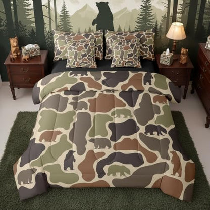 Erosebridal Bear Camo Bed in A Bag 7 Pcs Camouflage Hunting Bear Comforter Set for Women Men Rustic Camo Army Wildlife Bedding Sets King Green Military Woodland Animals Sheet Set with Comforter