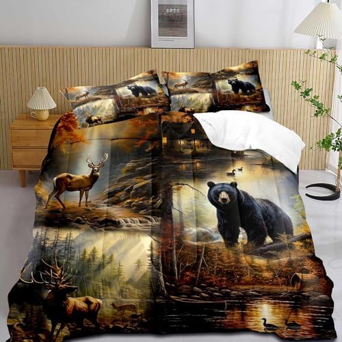 LUVIVIHOME 3PCS Black Bear Deer Comforter Set Queen Size, Elk Moose Mallard Duck Woodland Forest Animal Wildlife Hunting Camo Hunter Country Lodge Rustic Farmhouse Cabin Bedding Sets, 2 Pillow Shams