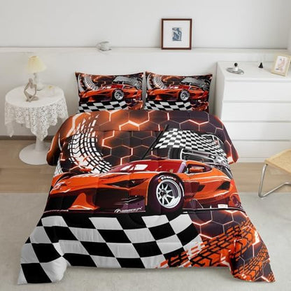 Toddler Race Car Bed for Boys,Orange Neon Lights Honeycomb Bedding Set Cool Sports Car Glitter Beehive Geometric Hexagon Comforter Set Full,Black White Grid Lattice Quilt Buffalo Plaid Decor