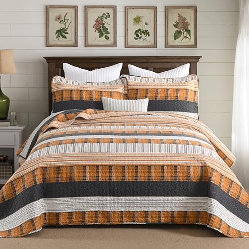Homzard 100% Cotton King Size Quilt Set Striped Plaid Orange Black Bedspread Set Summer Lightweight Farmhouse Washable Bedding Comforter Set 3 Pieces