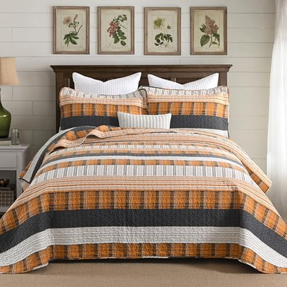 Homzard 100% Cotton King Size Quilt Set Striped Plaid Orange Black Bedspread Set Summer Lightweight Farmhouse Washable Bedding Comforter Set 3 Pieces