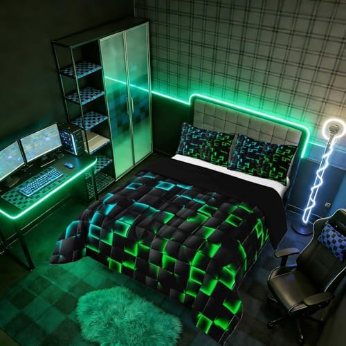 Erosebridal Geometric Checkered Boys Bedding Set Full Size Neon Teal Green Comforter Set for Kids Teen Men Gamer Room Decor,Abstract Ombre Plaid Comforter Grids Quilt Duvet Black