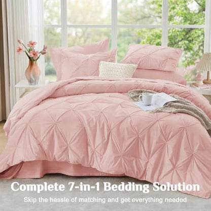 JOLLYVOGUE Full Size Comforter Sets 7 Pieces - Bed in a Bag Full for All Season, Pintuck Bedding Comforter Sets with Comforter, Flat Sheet, Fitted Sheet and Pillowcases & Shams, Rose Gold