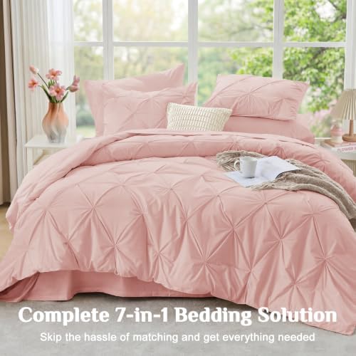 JOLLYVOGUE California King Comforter Set 7 Pieces - Bed in a Bag Cal King for All Season, Pintuck Bedding Comforter Sets with Comforter, Flat Sheet, Fitted Sheet and Pillowcases & Shams, Rose Gold