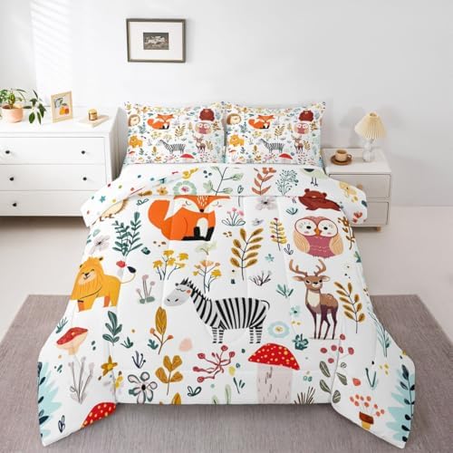 Erosebridal Kids Fox Comforter Set Twin,Cute Woodland Bear Deer Down Comforter for Boys Girls Bedroom,Cartoon Owl Lovely Animal Wildlife Bedding Sets Flower Leaves Quilt Duvet Set 2 Pcs Colorful