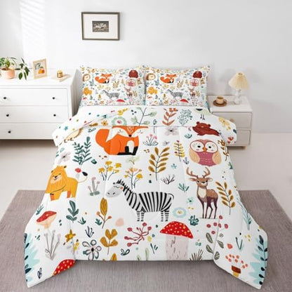 Erosebridal Kids Fox Comforter Set Twin,Cute Woodland Bear Deer Down Comforter for Boys Girls Bedroom,Cartoon Owl Lovely Animal Wildlife Bedding Sets Flower Leaves Quilt Duvet Set 2 Pcs Colorful