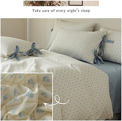 mixinni Blue Floral Duvet Cover Set King - 3 Piece Cottagecore Bedding Set with Bow Ties & Zipper Closure, 100% Cotton Soft Aesthetic Comforter Cover for Girls, Lightweight Breathable Country Style