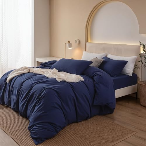 JIYUAN California King Washed Cotton Duvet Cover Set, Relaxed Linen Feel