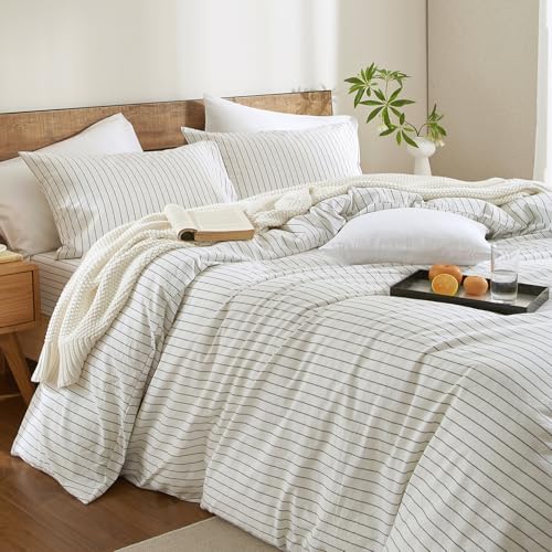 Striped Duvet Cover Set 100% Washed Cotton Linen Like Textured 3 Piece Bedding Set Comfy Breathable (King, Wide Stripe-White/Black)