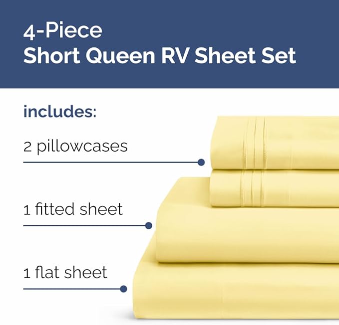 Short Queen Size 4 Piece Sheet Set - RV Short Queen, Soft, Breathable & Cooling Bed Sheets Set w/ Deep Pockets - Hotel Luxury Bedding for Women, Men, Kids, Teens, Boys and Girls - Oeko-Tex - Yellow