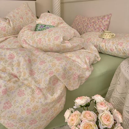 VM VOUGEMARKET Flower Duvet Cover Twin Sage Green Teen Girls Cotton Duvet Cover with Zipper Ties Chic Rust Floral Bedding Set Without Comforter -Green,Twin