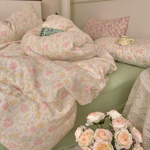 VM VOUGEMARKET Pink Flower Duvet Cover Set Queen Soft Muslin Cotton Aesthetic Bedding Set Garden Floral Duvet Cover with 2 Pillow Shams,Blooming Comforter Cover for Teen Girls