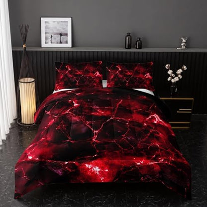 Nttopship Red Comforter Set Full Size，Red Marble Bedding Set 3 Pcs Bedding for Adults, Marble Room Decor with Comforter and 2 Pillowcases Soft and Lightweight B-Side Black