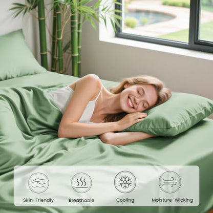 Love's cabin 3 Piece Twin XL Sheet Set, 100% Rayon Derived from Bamboo, Cooling & Breathable, Soft Silky Deep Pocket up to 16", Hotel Luxury Bedding for Hot Sleepers, Sage Green