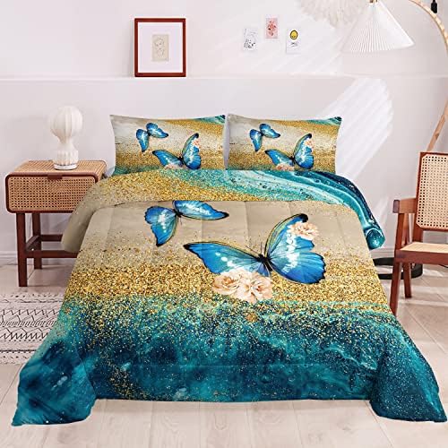 HOSIMA Butterfly Comforter Set with 2 Pillow Sham, Blue Butterfly Floral Comforter Full Size for Kids & Women's Bedroom Decor, Golden Vintage Pattern Bedding Set