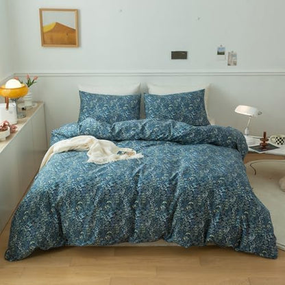 Blue Floral Duvet Cover Queen Vintage Flower Pattern Duvet Cover 100% Cotton Garden Style Comforter Cover Chic Botanical Floral Bedding Sets for Girls Women 1 Queen Duvet Cover with 2 Pillowcases