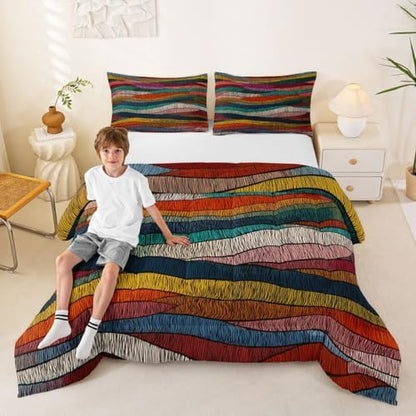 Castle Fairy Rainbow Wavy Comforter Set Queen Size,Tribal Ethnic Geometric Down Alternative Adults Room Decor,Colorful Abstract Ultra Soft Microfiber Inner Fill 3Pcs Bedding