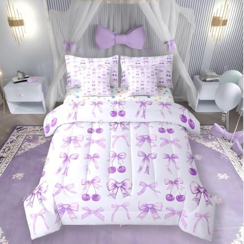 Erosebridal Purple Cherry Bow King Size Comforter Set with Sheets Cute Silk Ribbon Bowknot 7 Piece Bedding Set, Princess Bow Tie Dreamy Kawaii Bed in a Bag, Princess Room Decor Aesthetic