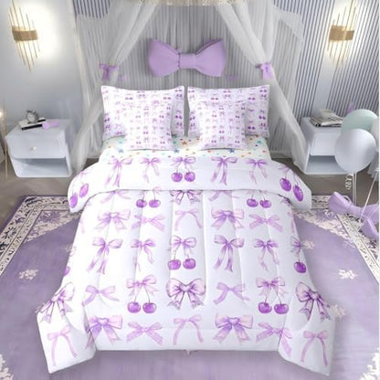 Erosebridal Purple Cherry Bow King Size Comforter Set with Sheets Cute Silk Ribbon Bowknot 7 Piece Bedding Set, Princess Bow Tie Dreamy Kawaii Bed in a Bag, Princess Room Decor Aesthetic