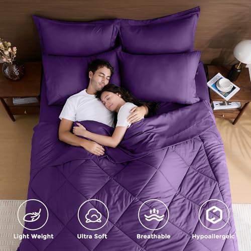 HEVUMYI 7-Piece King Comforter Set, Purple Bed in a Bag