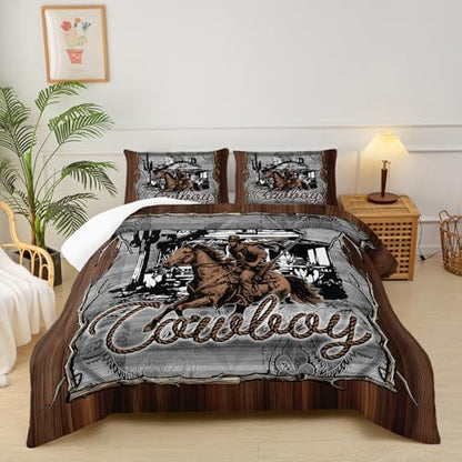 Brown Western Cowboy Comforters Queen Size，Boys Full Size Bedding Set Cowboy Themed，with 1 Comforter with 2 Pillow Case，Western Bedroom Decor for Boys Men Kids