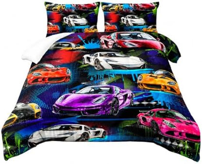 AILONEN Racing Car Comforter Set for Kids Boys Teens Full Size, Extreme Sports Bed in a Bag,Cool Speed Race Bedding Sets,Colorful Car Theme Duvet Set,1 Quilt and 2 Pillowcases,3 Pieces