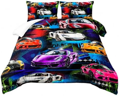 AILONEN Racing Car Comforter Set for Kids Boys Teens Twin Size, Extreme Sports Bed in a Bag,Cool Speed Race Bedding Sets,Colorful Car Theme Duvet Set,1 Quilt and 2 Pillowcases,3 Pieces