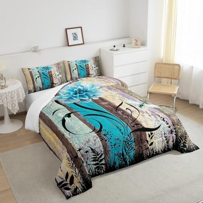 Manfei Blue Flower Comforter Set King Size, Boho Dragonfly Quilt Set with 2 Pillowcases, Vintage Wooden Board Bedding Set 3pcs for Kids Boys Girls Room Decor Botanical Floral Duvet Insert