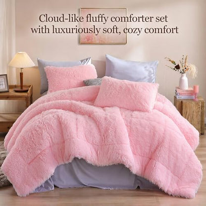 Smoofy Fluffy Twin Comforter Set, Faux Fur Pink Comforter Set 2 Pieces