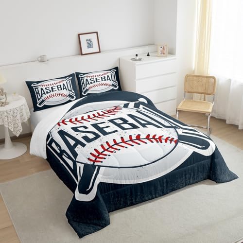 Manfei Baseball Comforter Set King Size Sports Theme Bedding Set 3pcs for Kids Boys Teens Bedroom Decor, Vintage Sports Baseball Gaming Duvet Insert Navy Blue Quilted Duvet with 2 Pillowcases