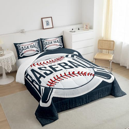 Manfei Baseball Comforter Set King Size Sports Theme Bedding Set 3pcs for Kids Boys Teens Bedroom Decor, Vintage Sports Baseball Gaming Duvet Insert Navy Blue Quilted Duvet with 2 Pillowcases