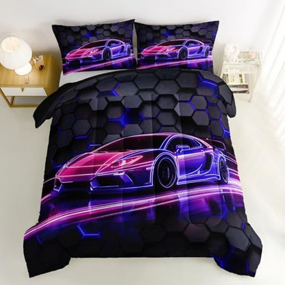 HOSIMA Hexagon Geometric Race Car Queen Comforter Set with 2 Pillowcases.