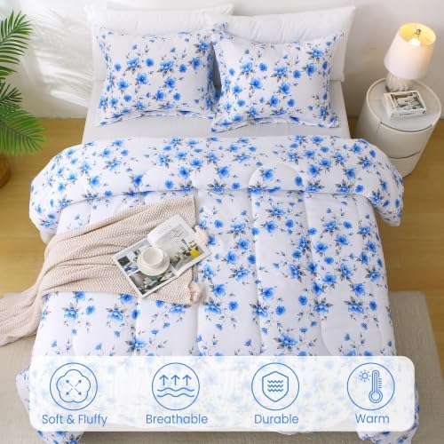 Mooreeke Floral Full Size Comforter Sets, Gradient Blue Flower Patterned Bed in a Bag for All Seasons, 3-Piece Farmhouse Rustic Bedding Set with Fluffy Quilted Reversible Comforter & 2 Pillow Shams