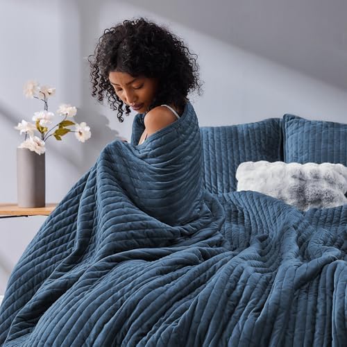 Wonderful - Velvet Quilt Set King Size Dusty Blue Soft Cotton-Feel Plush Coverlet with Shams, Premium Vertical Channel Stitched, Lightweight All-Season Bedspread