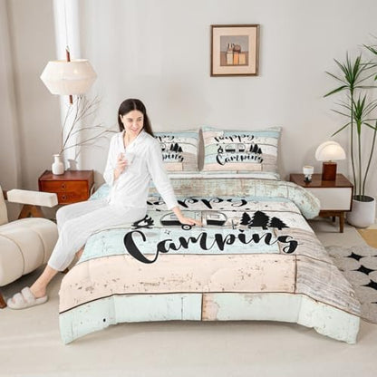 Camper RV Comforter Set Full Size,Camping Travel Trailer Decor Bedding Set 3pcs for Kids Boys Girls Adults,Vintage Wooden Plank Cottage Down Comforter,Rustic Farmhouse Duvet Insert,2 Pillowcases