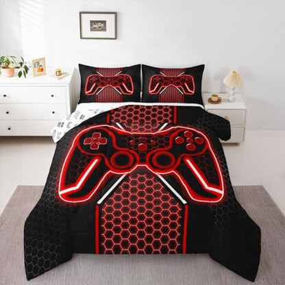 Feelyou Red and Black Bedding Set Queen Size Gamer Comforter Set for Kids Game Controller Comforter Teens Honeycomb Duvet Set