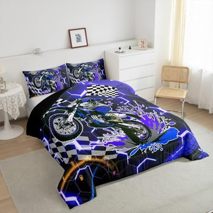 Racing Motorcycle Bedding Sets for Boys Girls,Blue Neon Lights Honeycomb Comforter Set King Dirt Bike Motocross Quilt Geometric Beehive Duvet Insert,Black White Grid Lattice Buffalo Plaid Decor